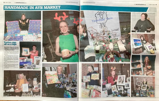 Newspaper feature showcasing the Handmade in Ayr Market with multiple makers, including Bianca O’Neill Jewellery.