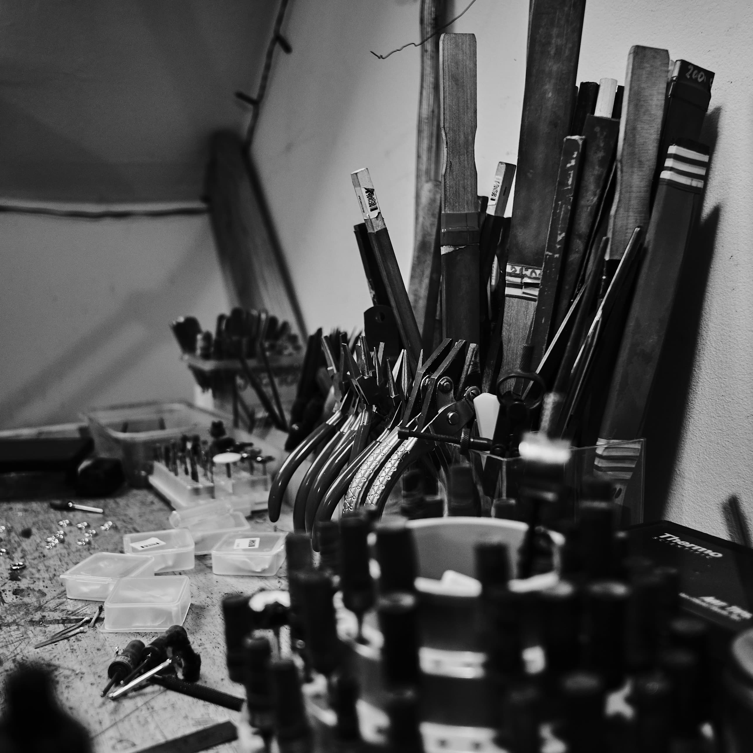 Silversmithing tools and equipment arranged on Bianca’s jewellery workbench.
