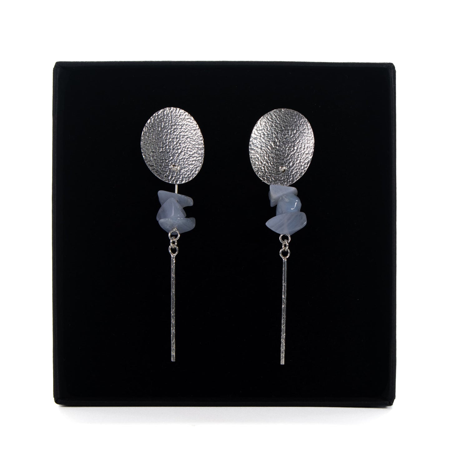 Handmade blue lace agate long stud earrings with hammered silver ovals and long drop
