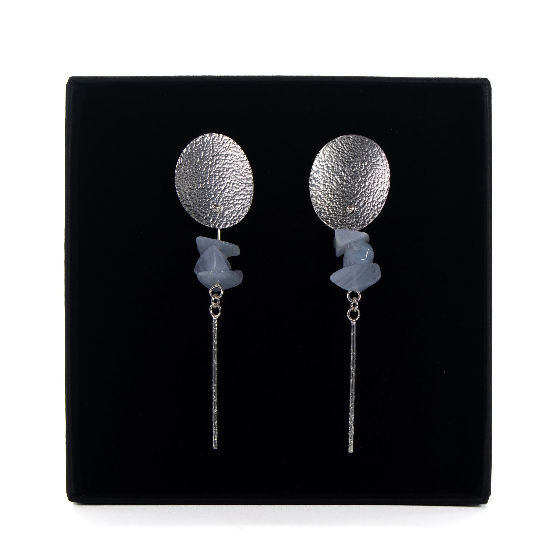 Handmade blue lace agate long stud earrings with hammered silver ovals and long drop