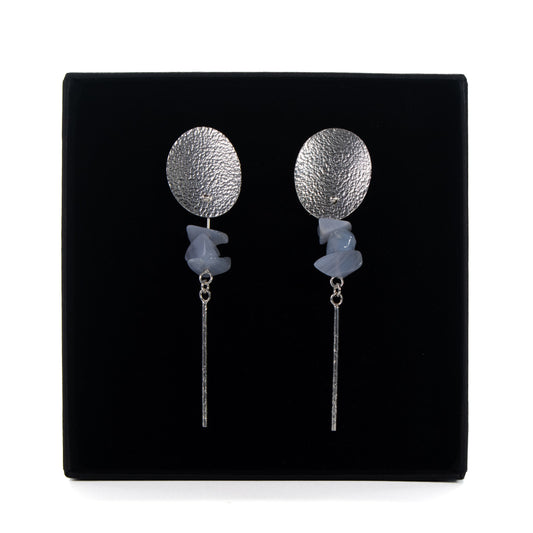 Handmade blue lace agate long stud earrings with hammered silver ovals and long drop