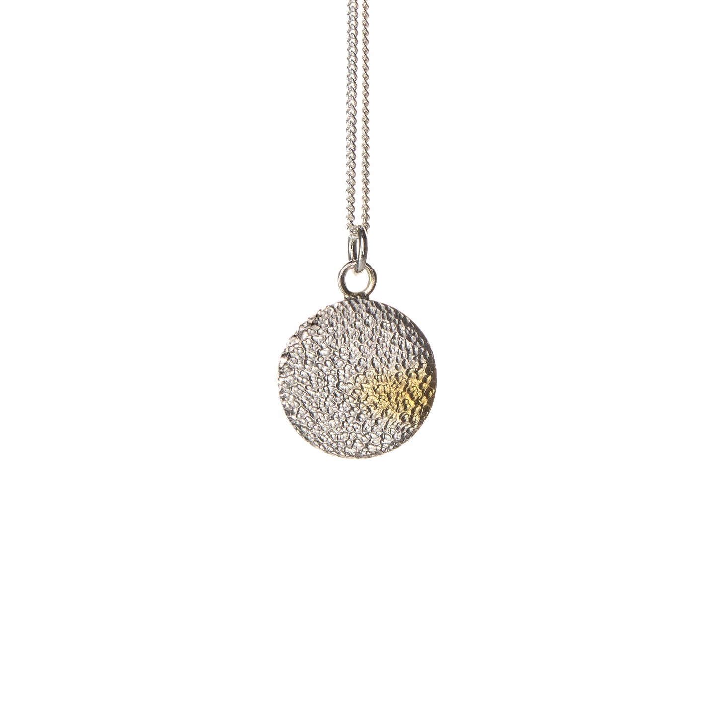 Hammered silver disc necklace with subtle gold detail by Bianca O’Neill Jewellery