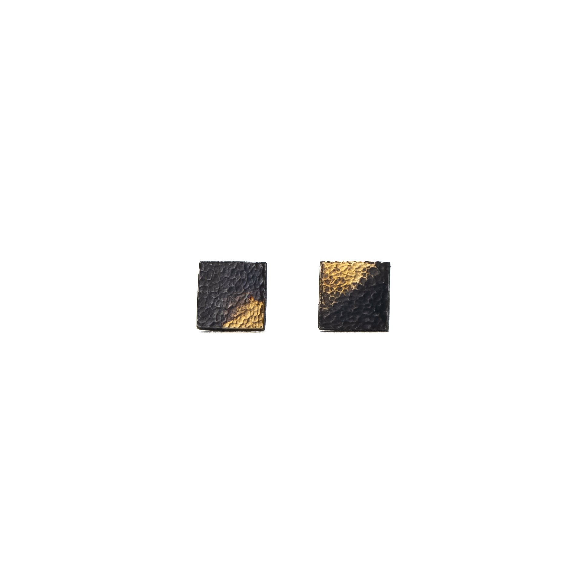 Oxidised silver square stud earrings with gold detail, front view on white background.