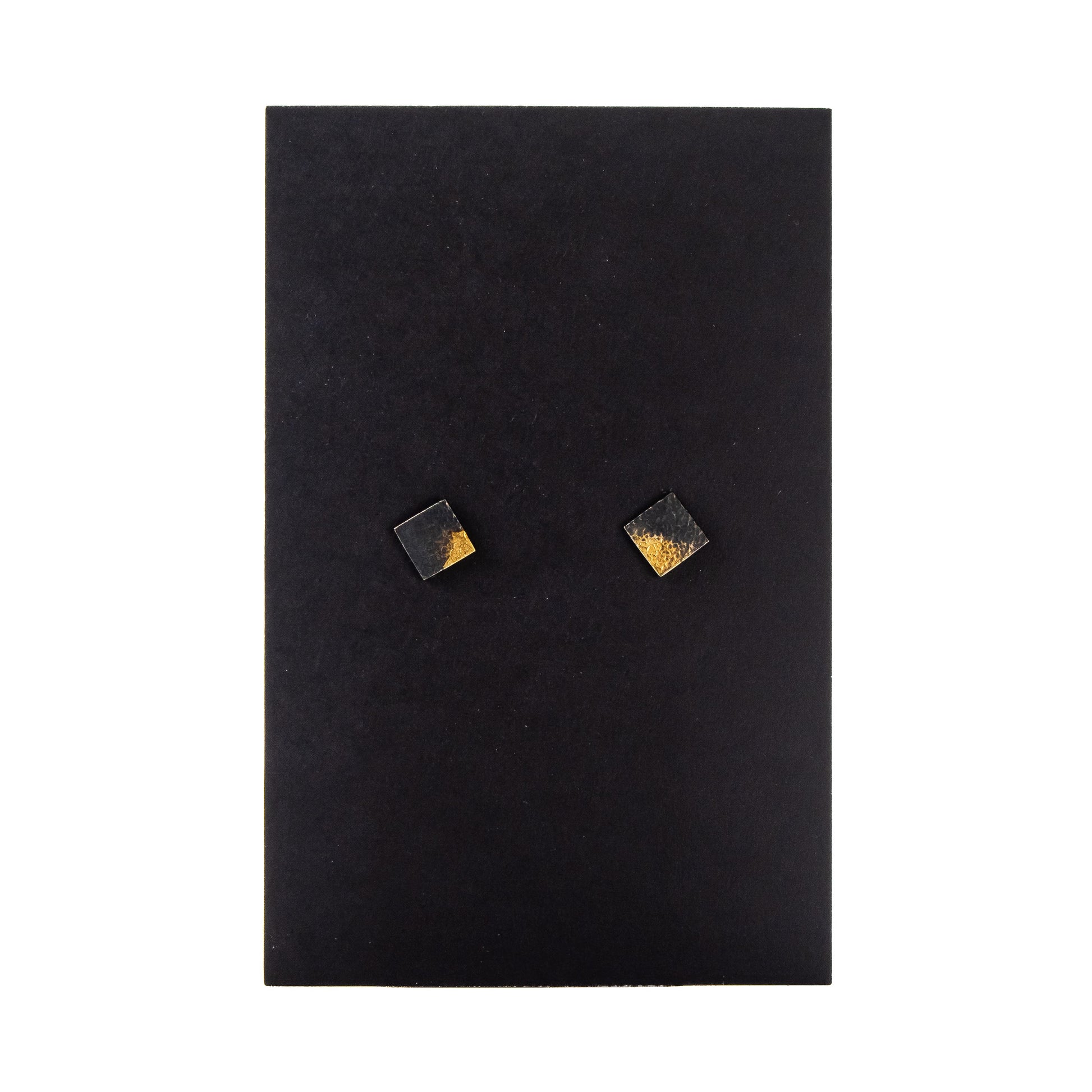 Oxidised silver square stud earrings displayed on black jewellery card.