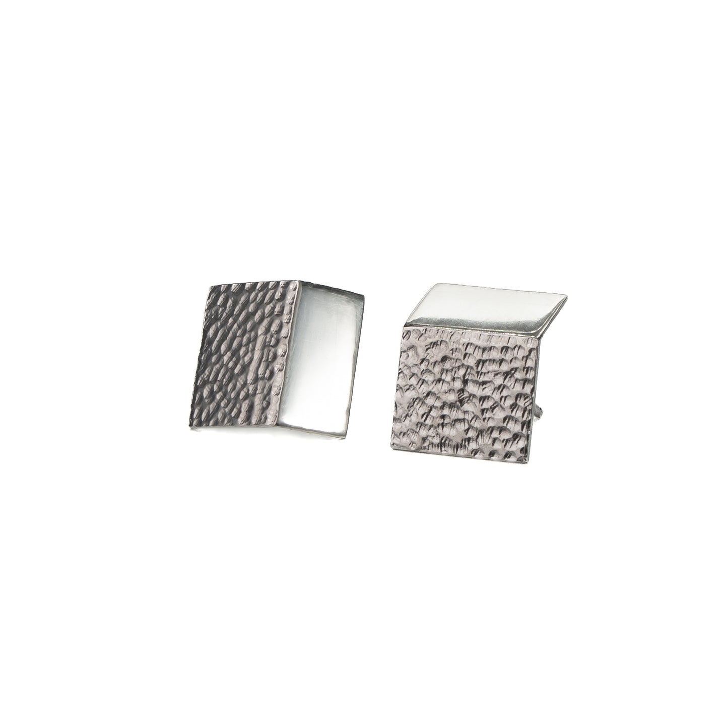 Architectural rectangular silver stud earrings in recycled sterling silver, folded profile