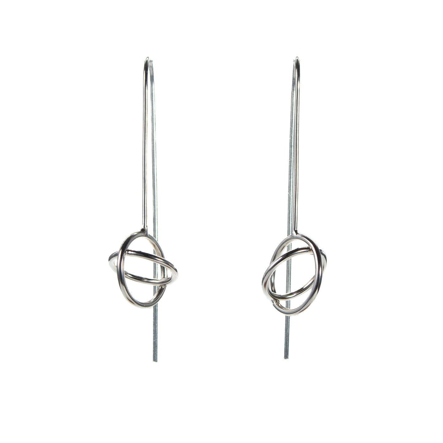 Long hook silver aperture earrings with sculptural open form