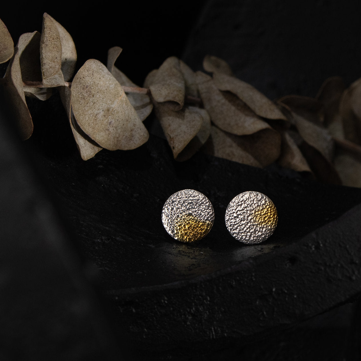 handmade sterling silver disc studs with gold detail from the Core Collection