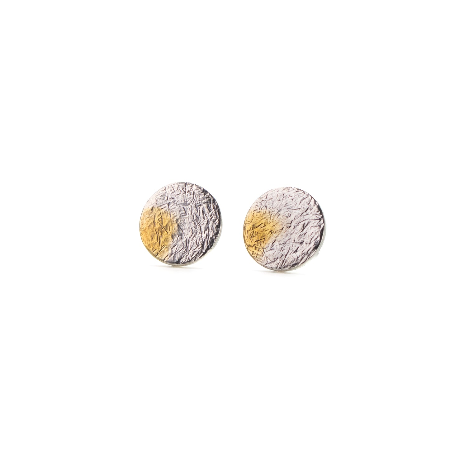 Silver gold disc stud earrings with rough hammer texture and selective gold plating